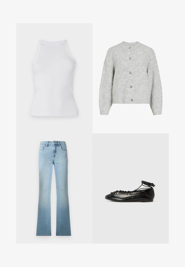 Cárdigan gris de punto con escote redondo, con un diseño corto y cinco botones decorativos. Textura suave con un patrón sutil.; Camiseta sin mangas de canalé blanca con un diseño ajustado y escote redondo. Fabricada con una tela elástica para mayor comodidad y facilidad de movimiento.; Vaqueros de mezclilla azul claro de talle alto y pierna recta con bolsillos delanteros y traseros, cierre de botón y trabillas para cinturón.; Zapatos planos tipo ballet de charol negro con punta redondeada, diseño con cordones y suela plana. Textura lisa con detalles mínimos.