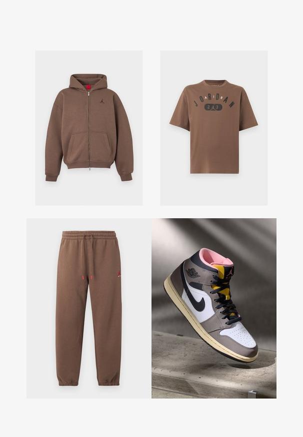 Hnedá mikina na zips s prednými vreckami, rebrovanými manžetami a lemom a malým vyšívaným logom na ľavej strane hrudníka.; Hnedé tričko s krátkym rukávom s nápisom „JORDAN“ a číslom „23“ so siluetou basketbalistu skákajúceho uprostred prednej strany.; Hnedé teplákové nohavice s elastickým pásom a manžetami, nastaviteľným šnúrkou s červenými koncami a malým červeným logom na hornej ľavej nohe.; Biele, šedé a čierne vysoké tenisky Nike Air Jordan s ružovým interiérom a žltým jazykom, umiestnené na betónovom povrchu.