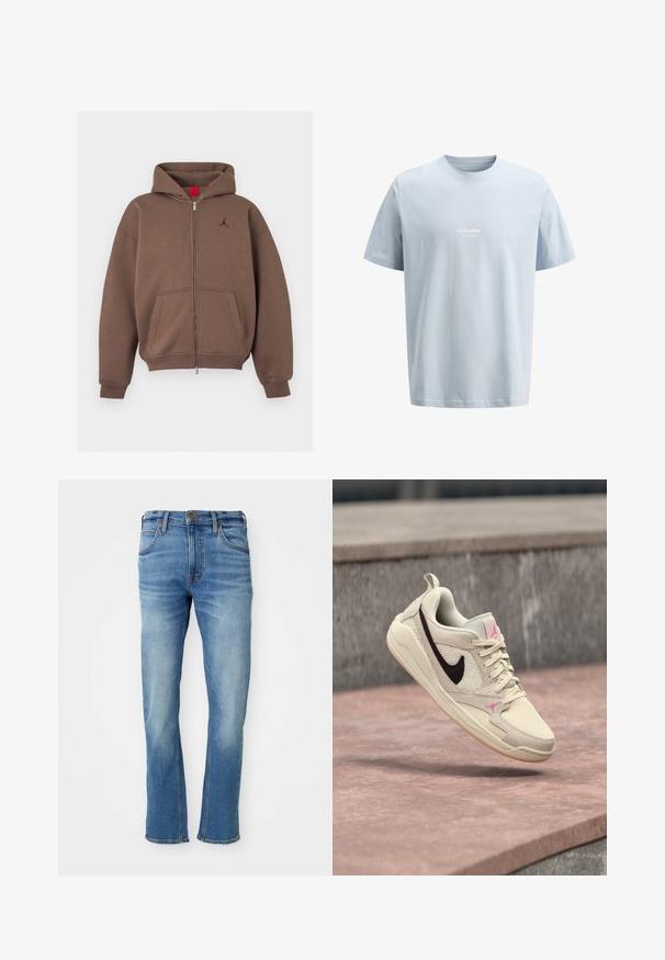 Brun lynlås-hoodie med forlommer, ribstrikkede manchetter og kant samt lille broderet logo på venstre bryst.; Lyseblå t-shirt med korte ærmer og rund hals, med lille hvidt "JJ Studios" logo centreret på brystet mod en ensfarvet baggrund.; Lysblå denimjeans med lige snit, der har klassisk fem-lomme design, subtil vaskesymfoni og kontrasterende syninger.; Beige Nike-sneaker med sort swoosh og lyserøde accenter, svævende over en lyserød betonoverflade med en grå stenvæg i baggrunden.