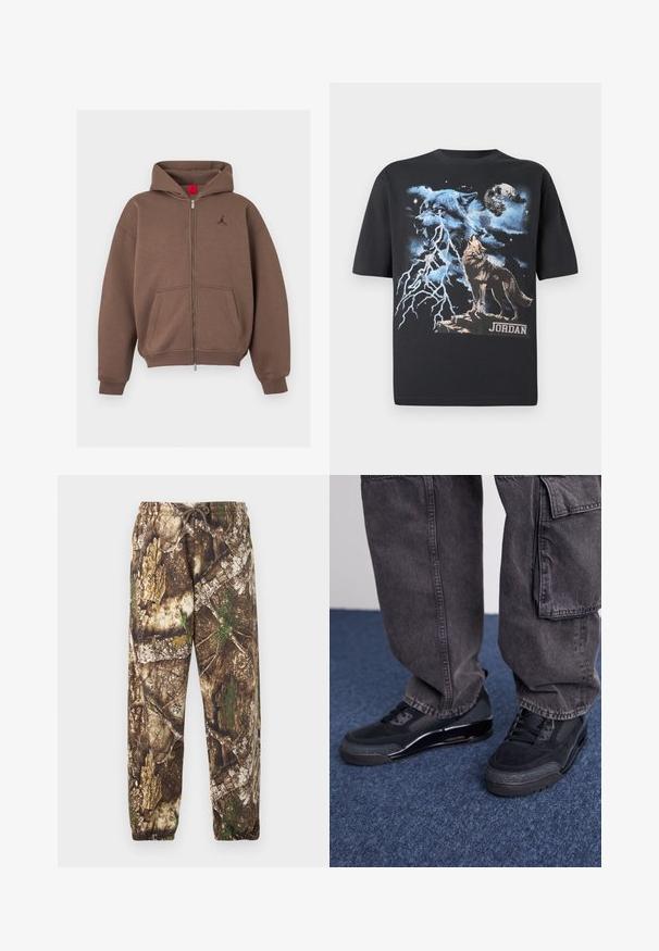 Sudadera con capucha marrón con cremallera, bolsillos frontales, puños y dobladillo acanalados, y pequeño logo bordado en el pecho izquierdo.; Camiseta negra con un gráfico de un lobo en tonos azules y plateados, rayos y la palabra "JORDAN" en la parte inferior. Manga corta, ajuste regular.; Pantalones de chándal de camuflaje con un patrón natural en tonos marrón y verde, que cuentan con una cintura elástica con cordón y puños elásticos en los tobillos.; Zapatillas deportivas negras con una superficie texturizada, acentos suaves y una suela gruesa, combinadas con pantalones cargo oscuros y holgados.