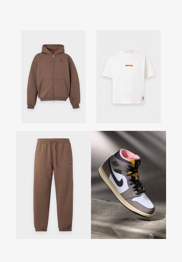 Bruine zip-up hoodie met voorzakken, geribde boorden en zoom en een klein geborduurd logo op de linkerborst.; Witte korte mouw Nike T-shirt met een klein "Fussball" logo in zwart en rood op de borst en een rechthoekig label vlakbij de onderzoom.; Bruine joggerbroek met elastische tailleband en boorden, verstelbaar trekkoord met rode uiteinden en klein rood logo op het bovenste linkerbeen.; Hoog-top Nike Air Jordan sneaker in wit, grijs en zwart met een roze interieur en gele tong, geplaatst op een betonnen oppervlak.