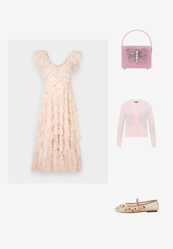 Rosa Strickjacke mit Rippkragen und -bündchen, vorderem Knopfverschluss und einem strukturierten Muster mit silbernen Sternen überall.; Needle & Thread DITSY LOLA BACKLESS BALLERINA DRESS - Cocktailkleid/festliches Kleid - moonshine pink; Beiger Mary Jane flacher Schuh mit verstellbarem Riemen, bestickt mit pinken und grünen Perlenmustern in Blumenform.; Rosa Glitzerhandtasche mit einem Schmetterlingsdesign aus Strass, geprägt von einer strukturierten Form und einem einzelnen Griff an der Oberseite.