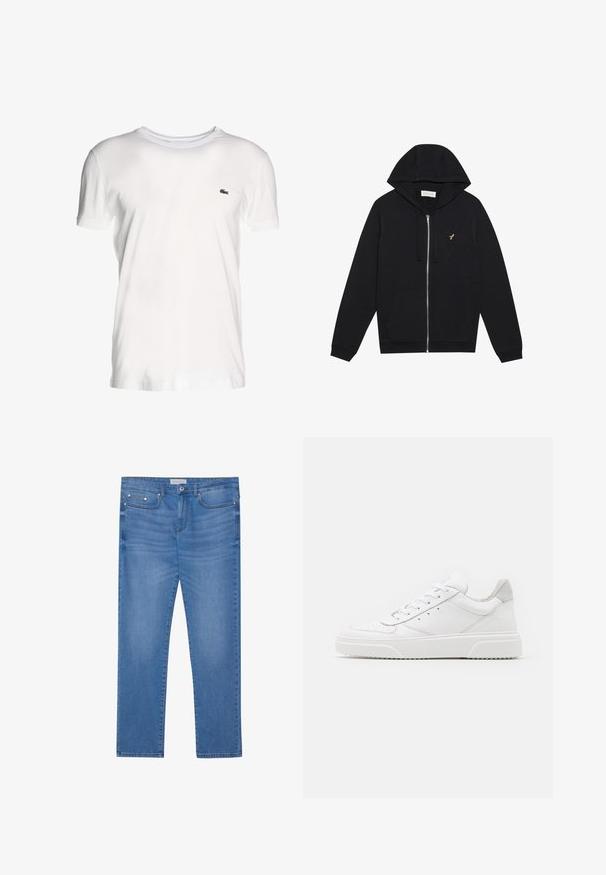 Čierna mikina na zips z mäkkého materiálu, ktorá má predné vrecko, nastaviteľnú kapucňu so šnúrkou a malé zlaté logo na ľavej hrudi.; Biely polotričko s krátkym rukávom vyrobené z bavlny, so zaobleným výstrihom a malým zeleným vyšitým logom na ľavej strane.; Svetlomodré džínsy s rovnou nohavicou, dizajnom s piatimi vreckami, jemným vyblednutím a kovovými akcentmi na páse a vreckách.; Biele kožené tenisky s hladkým povrchom, zaoblenou špičkou, plochými šnúrkami a textúrovanou podrážkou. Sivý semišový akcent na päte.