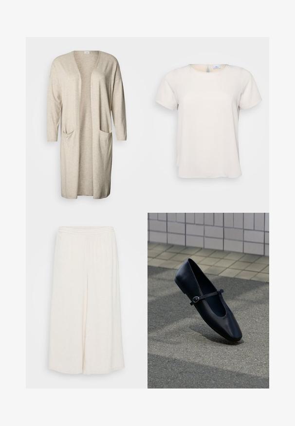 Lang beige cardigan lavet af blødt stof med dyb V-hals, trekvartærmer og to forlommer.; Kortærmet, rundhalset top i lys beige stof med en glat tekstur; har en nøglehulsdetalje på ryggen og en afslappet pasform.; Hvide linned culotter med elastisk talje, brede ben og en tekstureret overflade. Beklædningen har en løs, afslappet pasform for komfort.; Sort læder Mary Jane flad sko med en lille spænde rem, placeret på en grå asfalt overflade nær en flisebelagt væg.