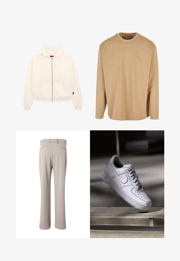 Sudadera blanca con cremallera, bolsillo canguro, mangas largas, puños acanalados y capucha con cordones. Textura suave y diseño minimalista.; Camiseta de manga larga beige hecha de algodón suave, con cuello redondo, corte relajado y textura suave con detalles de costura mínimos.; Pantalones beige de corte recto mostrados por detrás, con trabillas para cinturón y dos bolsillos de vivo en la cintura.; Zapatilla Nike Air Force 1 de cuero blanco que presenta una puntera perforada, cordones planos y una suela de goma texturizada con la marca "AIR" en el lateral.