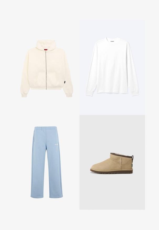Hvid zip-up hoodie med kengurulomme, lange ærmer, ribbede manchetter og hætte med snoretræk. Blød tekstur og minimalistisk design.; Langærmet plain hvid skjorte med rund hals og ribkantede manchetter, vist på en neutral lys baggrund.; Lyseblå sweatpants fremstillet af en bomuldsblanding, med elastisk talje, sidelommer og et hvidt logo på venstre lår.; Beige ruskindsankelstøvle med en rundet tå, som har en brun accent øverst. Blødt inderfor og tekstureret gummisål.