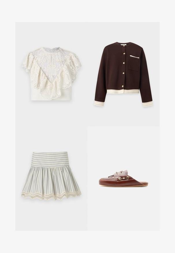 Mørkebrun cardigan med kremfarget blondetrim på mansjetter og kant, gylne knapper foran, og en brystlomme med matchende blondedetalj.; Hvit kort topp med intrikat blomsterblondeoverlegg, rysjekanter og liten knappelukking bak.; Hvit skjørt med vertikale lyseblå striper, innsvingt midje og bølget blondekant nederst.; Brun lær slip-on loafer med moc-toveving, gullfargede maljer og dekorativ snøre på siden, flat såle, sideprofil.