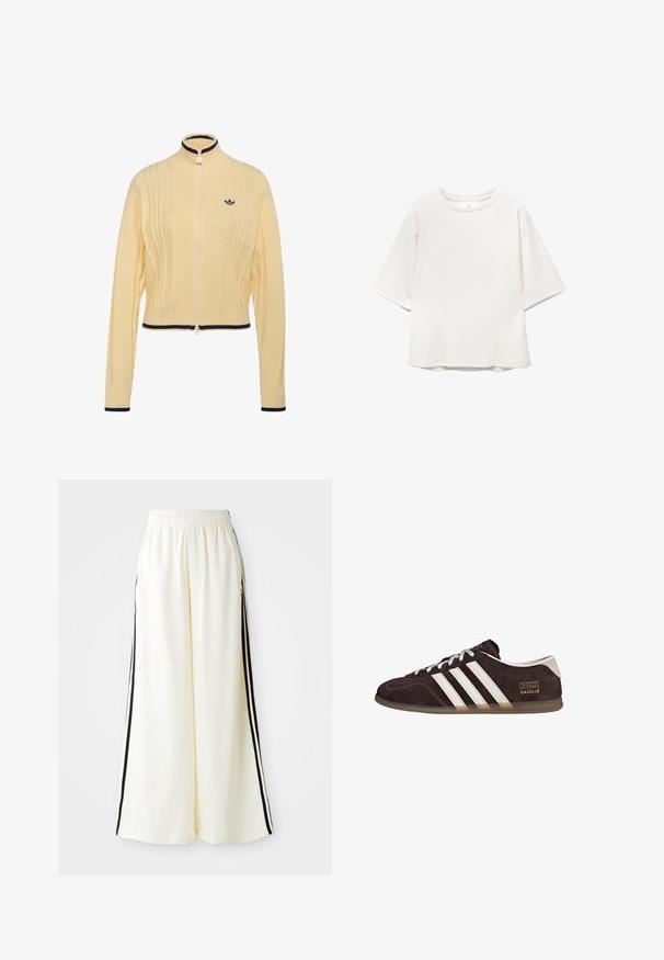 Fløde-gul strikket trøje med lynlås, ribstrikket høj krave, chevronmønster, lange ærmer og sort kant på krave, manchetter og kant.; Hvid kortærmet t-shirt med rund hals og raglanærmer samt subtile sømdetaljer på fronten og skuldrene, lagt fladt på hvid baggrund.; Hvide løse bukser med elastisk talje og sorte lodrette striber langs yderseams.; Brune ruskindssneakers med tre hvide striber, gummisål og tekstlabel med ordene "Gazelle" i guld. Snørebåndsdesign med grå snørebånd.