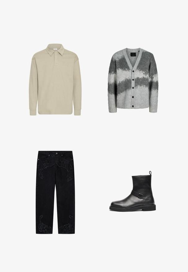 Cardigan gris et blanc en matériau pelucheux, avec un col en V, une fermeture à boutons et un motif tie-dye avec des nuances de gris variées.; Polo à manches longues de couleur beige clair, avec un col et une texture subtile. Pas de logos ni de motifs visibles.; Jean noir à jambe droite taille haute, avec des motifs ondulés délavés et effilochés sur les poches avant et les ourlets inférieurs.; Bottine en cuir noir avec un petit talon, sangle décorative avec des accents en métal et une languette à l'arrière sur fond blanc.