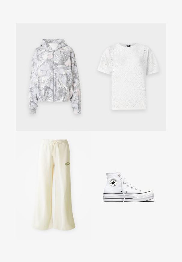 Sudadera con capucha y cremallera en gris con un patrón de ramas y hojas. Cuenta con bolsillos frontales y puños elásticos. Textura de tela suave.; Camiseta de algodón blanca con un patrón perforado de formas curvas, manga corta y cuello redondo. Textura suave y corte holgado.; Pantalones de chándal anchos color crema con cintura elástica y cordón ajustable. Texto bordado en verde "Athletic" en la parte frontal. Tejido suave.; Zapatilla blanca de caña alta Converse Chuck Taylor All Star con parche de logo negro y cordones blancos, presentada sobre fondo blanco.