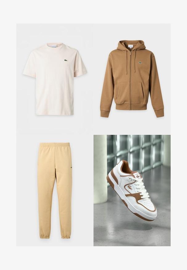 Sweat à capuche marron zippé avec poches avant, cordon de serrage à la capuche, poignets côtelés et petit logo crocodile vert sur la poitrine gauche.; T-shirt uni beige clair à manches courtes avec col rond et petit logo crocodile vert sur la poitrine gauche.; Pantalon de jogging beige avec taille élastique et poignets, arborant un petit logo crocodile vert brodé sur la cuisse droite.; Baskets Lacoste blanches et marron avec lacets, logo et perforations, flottant au-dessus d'un sol en béton poli près de blocs de verre.