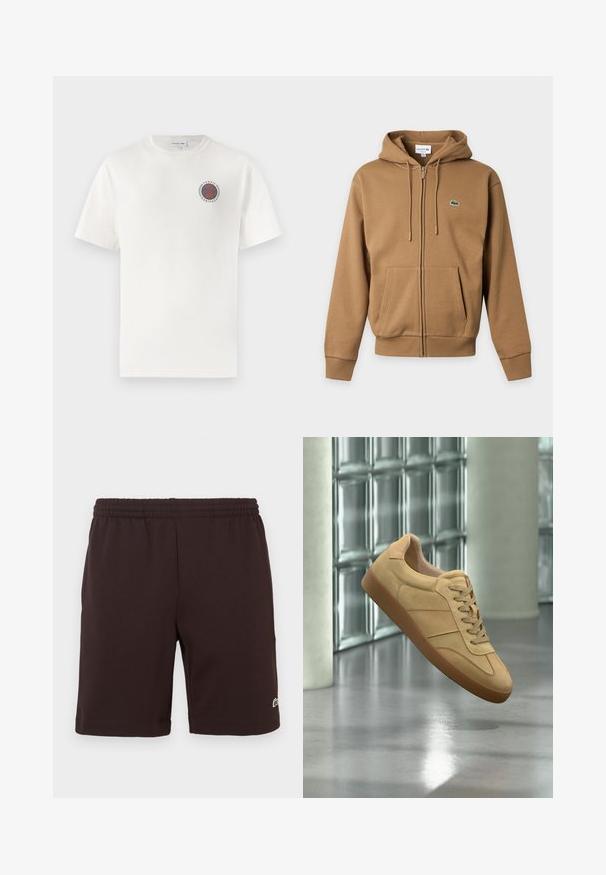 Hnedá mikina na zips s prednými vreckami, kapucňou so šnúrkou, rebrovanými manžetami a malým zeleným logom krokodíla na ľavej strane hrudníka.; Biela bavlnená tričko s krátkymi rukávmi, s kruhovým modro-oranžovým logom "Tennis Heritage" na ľavej hrudi.; Tmavohnedé bavlnené šortky s elastickým pásom a malým zeleno-bielym vyšívaným logom blízko dolného lemu na pravej nohe.; Béžová semišová tenisová obuv s gumovou podrážkou, šnurovacia, vznášajúca sa v interiéri na leštenej betónovej podlahe pri stene zo sklenených blokov.