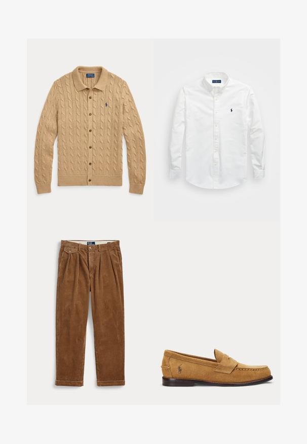 Beige kabelstrikket cardigan med knapper, krave og Polo Ralph Lauren-logo broderet i marineblåt på venstre bryst.; Hvid skjorte med knapper lavet af bomuld. Har en spids krave, lange ærmer, og et lille navy-logo på brystet. Glat tekstur.; Brune manchesterbukser med plisseringer, forreste knap og lynlås, bæltestropper, klaplomme på venstre side og opsmøgede bukseben.; Lysebrun ruskind loafer med syede detaljer og lille broderet hestelogo på siden, med lav træhæl og slip-on design.