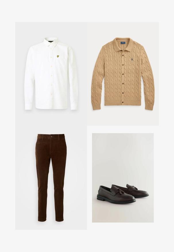 Beige kabelstrikket cardigan med knapper, krave og Polo Ralph Lauren-logo broderet i marineblåt på venstre bryst.; Hvid langærmet skjorte lavet af bomuld med krave og knapper, der har en brystlomme og et lille gult logo på venstre side.; Brune cordfløjlsbukser med lige ben, der har en knaplukning og subtil lodret ribbe-textur.; Brune læder loafers med en flad sort sål, der har en dekorativ frontrem og kvaster. Glat tekstur med subtile syningen detaljer.