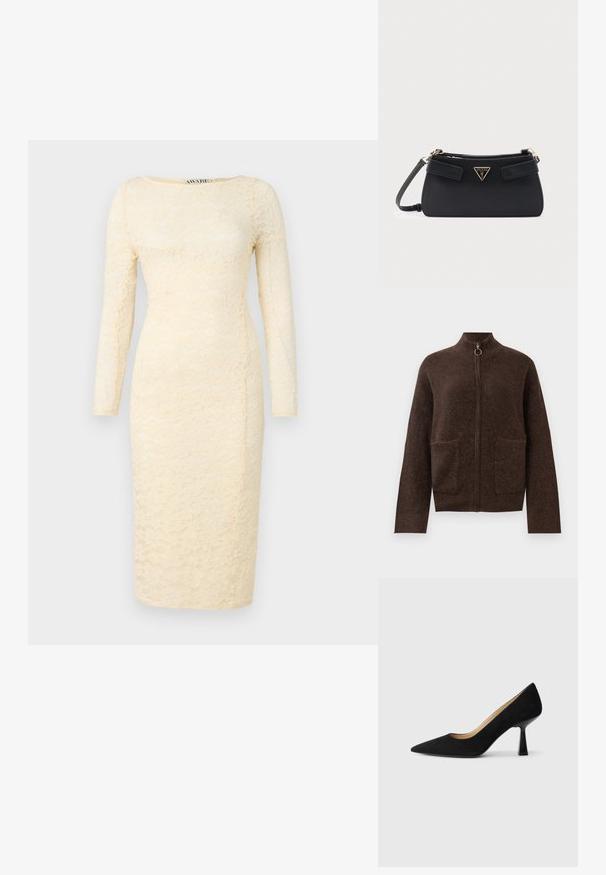 Donkerbruin fuzzy zip-up cardigan met hoge hals, twee voorzakken enlange mouwen tegen een witte achtergrond.; Crèmekleurige kanten jurk met lange mouwen, ronde halslijn en aansluitende silhouet. Heeft een bloemenpatroon en een lengte tot de knie.; Zwarte suède high-heeled pump met een spitse neus, voorzien van een glanzende zwarte blokhak en een gladde binnenvoering.; Zwarte gestructureerde leren Guess schoudertas met gouden logoplaatje en verstelbare band op een effen witte achtergrond.