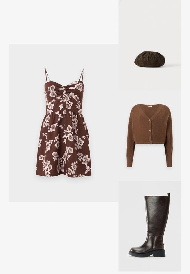 Braunes, flauschiges, kurzes Strickjacke mit langen Ärmeln und drei vorderen Knöpfen vor einem einfarbigen, hellen Hintergrund.; Braunes ärmelloses Kleid mit dünnen Trägern, Knöpfen vorne und weißem Blumenmuster, mit geraffter Brust und ausgestelltem Rock.; Dunkelbraune Lederkniehohe Stiefel mit abgerundeter Spitze, robustem schwarzen Sohlen, niedrigem Blockabsatz und Zuglasche hinten oben.; Braunes strukturiertes Stoff-Barett mit dezentem floralen Spitzenmuster, am oberen Rand gerafft, auf einer weißen Oberfläche liegend.