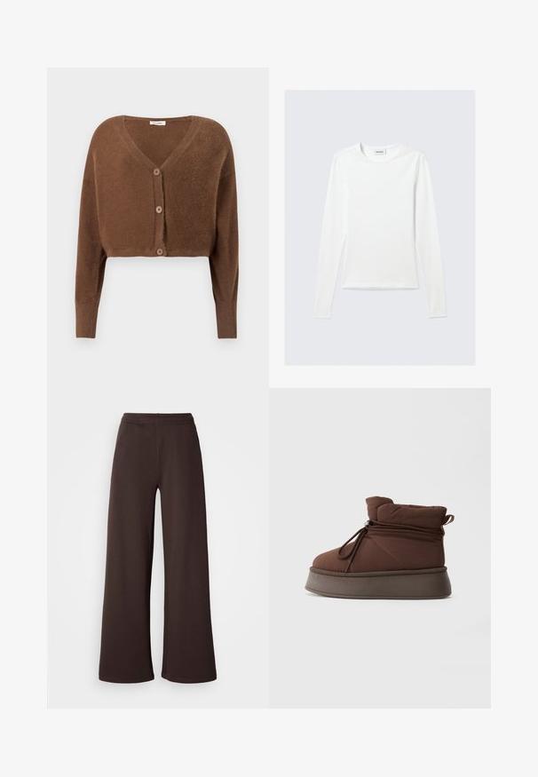 Braunes, flauschiges, kurzes Strickjacke mit langen Ärmeln und drei vorderen Knöpfen vor einem einfarbigen, hellen Hintergrund.; Langärmliges, schlichtes weißes Rundhals-Shirt mit schlanker Passform, dargestellt vor einem hellgrauen Hintergrund.; Weit geschnittene Hosen in Dunkelbraun, aus weichem Stoff mit einem elastischen Bund und einem sauberen Saumabschluss, ideal für Komfort und lässige Trageweise.; Braune gepolsterte Winterstiefel mit dicker Sohle und Schnürverschluss mit Zugband vor einem schlichten hellen Hintergrund.