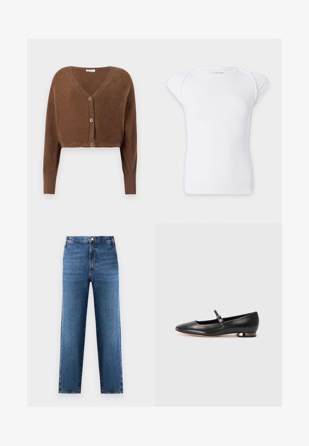 Cardigan court marron pelucheux avec manches longues et trois boutons sur le devant, sur un fond clair uni.; T-shirt blanc à manches courtes en maille côtelée avec un col rond et des épaules légèrement tombantes sur un fond uni.; Jean droit bleu à taille haute, fabriqué en denim. Présente une fermeture à bouton et zip à l'avant, avec un léger délavage sur le tissu.; Ballerine plate noire en cuir avec un bout pointu, une fine bride à la cheville et un petit talon block métallique. Texture lisse, sans motifs visibles.