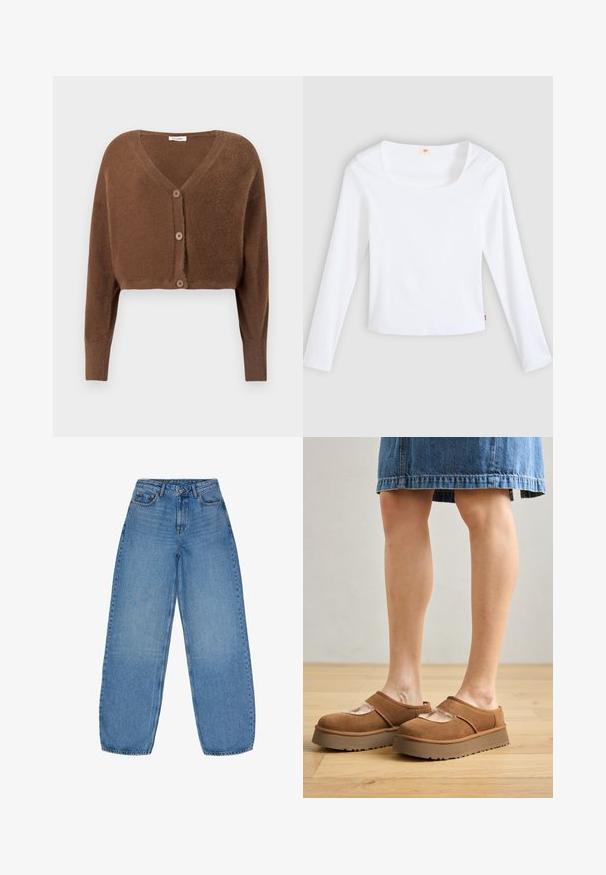 Brun, fluffy, kort cardigan med lange ærmer og tre knapper foran på en ensfarvet lys baggrund.; Hvid langærmet t-shirt lavet af ribstrikket stof, med firkantet halsudskæring og tætsiddende design, med en lille logotag i siden.; Lyseblå vidde jeans lavet af denim med høj talje, fem lommer og kontraststing. Har en lynlås og knaplukning.; Brune ruskindsplatformsko med en rund tå, udskæringer og en solid sål, ledsaget af en denimnederdel i en indstilling med trægulv.