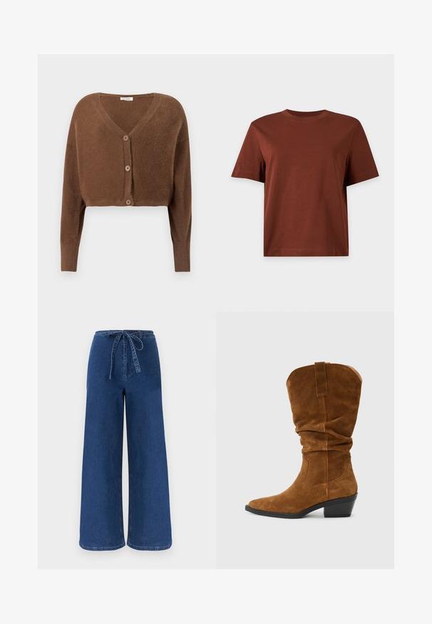 Brun, fluffy, kort cardigan med lange ærmer og tre knapper foran på en ensfarvet lys baggrund.; Ensfarvet brun kortærmet bomulds T-shirt med rund halsudskæring, vist mod en lys grå baggrund.; Bredbenede blå denimbukser med høj talje og et stofbælte bundet i en sløjfe foran.; Brune ruskinds cowboystøvle med et slouchy design, spids tå og stablet hæl. Har stikninger og en træksløjfe bagpå.