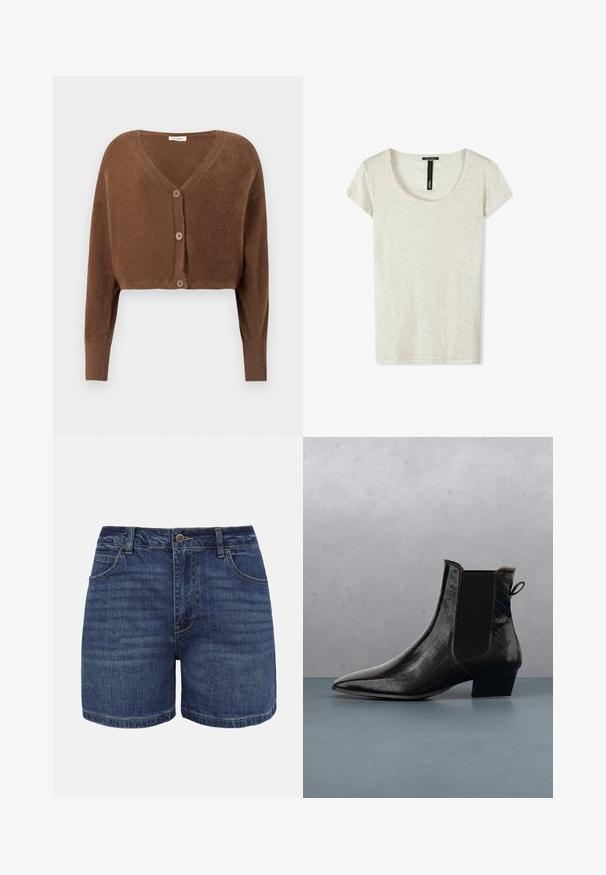Braunes, flauschiges, kurzes Strickjacke mit langen Ärmeln und drei vorderen Knöpfen vor einem einfarbigen, hellen Hintergrund.; Hellgraues Kurzarm-T-Shirt mit rundem Halsausschnitt, aus weichem, strukturiertem Stoff. Verfügt über ein vertikales schwarzes Etikett am Halsausschnitt.; Dunkelblaue Jeansshorts mit vorderer Knopfleiste, Reißverschluss, Gürtelschlaufen und vorderen Taschen, dargestellt vor weißem Hintergrund.; Glänzender schwarzer Leder-Stiefelette mit Krokodilsmuster schwebt über quadratischen Holzfliesen mit kleinen grauen Steinen dazwischen im Freien.