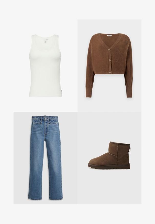 Cardigan court marron pelucheux avec manches longues et trois boutons sur le devant, sur un fond clair uni.; Débardeur blanc en coton côtelé, avec un col en dentelle à volants, une coupe ajustée, et une étiquette sur le côté avec les détails de taille.; Jeans droit bleu clair en denim. Comprend une fermeture à bouton, cinq poches et un léger délavage. Pas d'ornements ni de motifs.; UGG CLASSIC MINI II - Bottes de neige - dusted cocoa