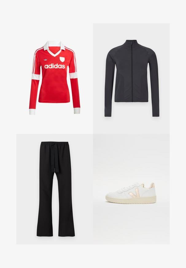 Zwarte atletische lange mouwen jas met rits, hoge kraag en naden langs schouders en zijkanten op een effen achtergrond.; Rode lange mouwen voetbalshirt met een witte kraag en manchetten. Heeft drie witte strepen op de schouders en het "adidas" logo prominent weergegeven.; Zwarte uitlopende broek met een tailleband met trekkoord. Gemaakt van een gladde stof, met een relaxte pasvorm en strakke lijnen. Geen zichtbare zakken.; Witte lage sneakers van leer met geperforeerde textuur, met metallic roségouden accenten aan de zijkant en achterkant. Rubberen zool.