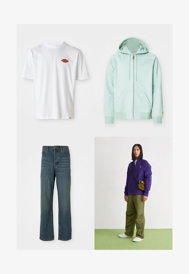 Lys mintgrøn zip-up hoodie lavet af blødt stof. Har en hætte med snor, to frontlommer og ribbede manchetter. Kort logo på ærmet.; Hvid bomulds t-shirt med korte ærmer, der har et lille orange og sort "Dickies" logo på venstre brystområde.; Blå denimjeans med gerade ben, der har fem lommer, knaplukning og lys fading foran.; Jordan AIR JORDAN 1 ZM CMFT 2 - Sneakers high - summit white/bicoastal/oxidized green