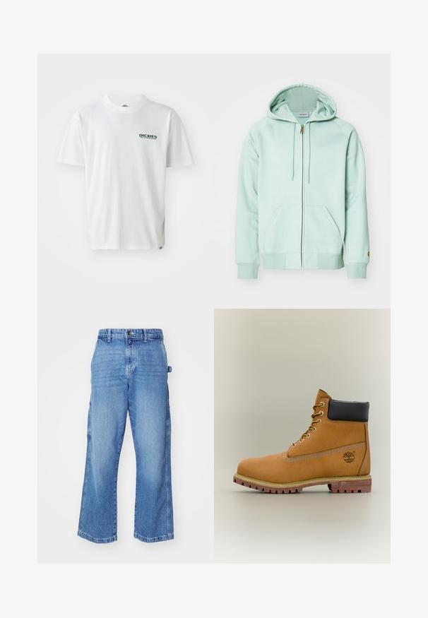 Lys mintgrøn zip-up hoodie lavet af blødt stof. Har en hætte med snor, to frontlommer og ribbede manchetter. Kort logo på ærmet.; Hvid bomulds T-shirt med korte ærmer, prydet med et grønt "DICKIES ON THE ROAD AGAIN" logo på venstre bryst. Standard crew neck design.; Lyseblå denim cargo bukser med en afslappet pasform, flere sidelommer og et bredt ben-design. Har en knap- og lynlåslukning.; Brun læderankelstøvle med sort krave, gule snørebånd og tanfarvet sål. Har logo og hvide syninger som detalje. Robust ydersål med greb.