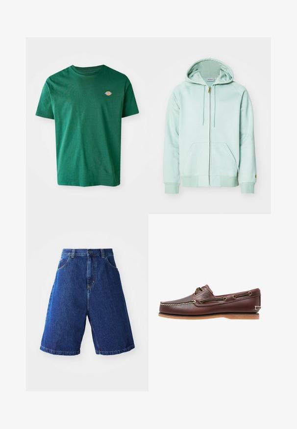 Heled mintsroheline tõmbluku hoodie, mis on valmistatud pehmest kangast. Omab reguleeritavat kapuutsi, kahte esikot, ja soonikservi. Kard logo varrukal.; Roheline puuvillane T-särk ümmarguse kaelusega, lühikeste varrukatega ning väikese mitmevärvilise logoga vasakul rinnal. Pehme tekstuur, juhuslik kujundus.; Sinise pesu denim lühikesed püksid, kõrge vöökohaga, kahe esipocketiga ning kollase õmblusega õmblustel.; Pruun nahast paatking, valgete õmbluste, paelte detailide ja helepruuni kummitaldaga, nähtud küljelt valgel taustal.