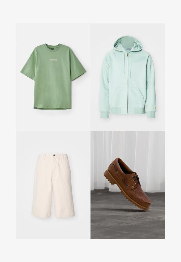 Lys mintgrøn zip-up hoodie lavet af blødt stof. Har en hætte med snor, to frontlommer og ribbede manchetter. Kort logo på ærmet.; Grøn kortærmet t-shirt lavet af bomuld, med rund hals og et lille hvidt logo på brystet. Glat tekstur, afslappet pasform.; Lys beige bomuldsshorts med lige pasform, der har en knaplukning, sidelommer og en kant, der falder lige over knæet.; Brun læder bådsko med sorte snørebånd, beige syninger og en robust sål, hængende over en grå betongulv.