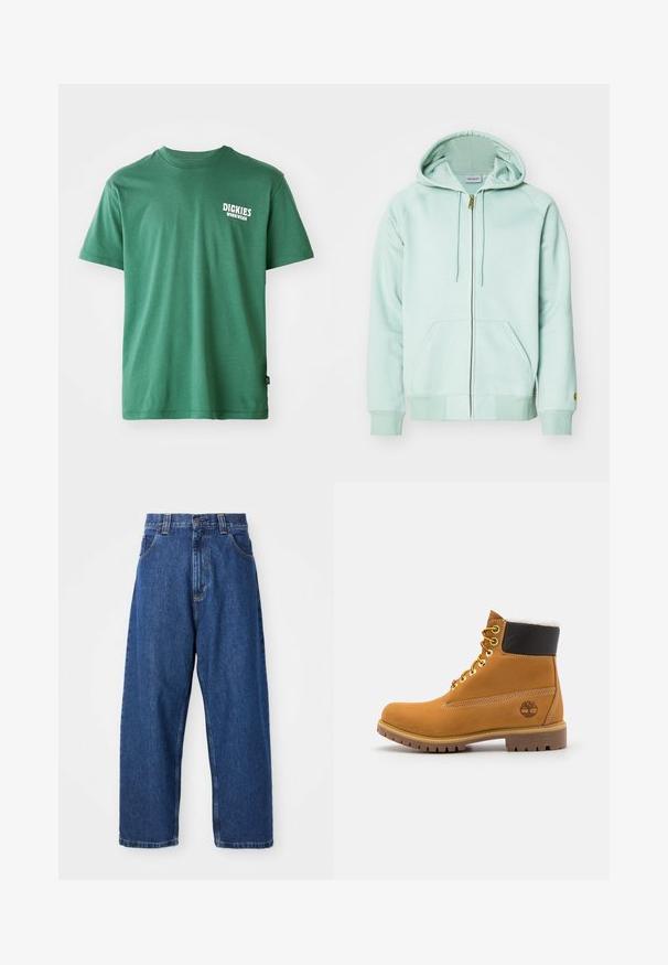 Lys mintgrøn zip-up hoodie lavet af blødt stof. Har en hætte med snor, to frontlommer og ribbede manchetter. Kort logo på ærmet.; Grøn bomulds T-shirt med en rund halsudskæring, korte ærmer og et hvidt logo på venstre bryst. Blød tekstur og afslappet pasform.; Denimwide-leg jeans i mørkeblå. Har høj talje, bæltestropper og klassisk fem-lommers design. Syet kant med en ren finish.; Brune læder ankelstøvle med metaløjer, hvid pelsforing, sort polstret krave, robust sål og præget logo på siden.