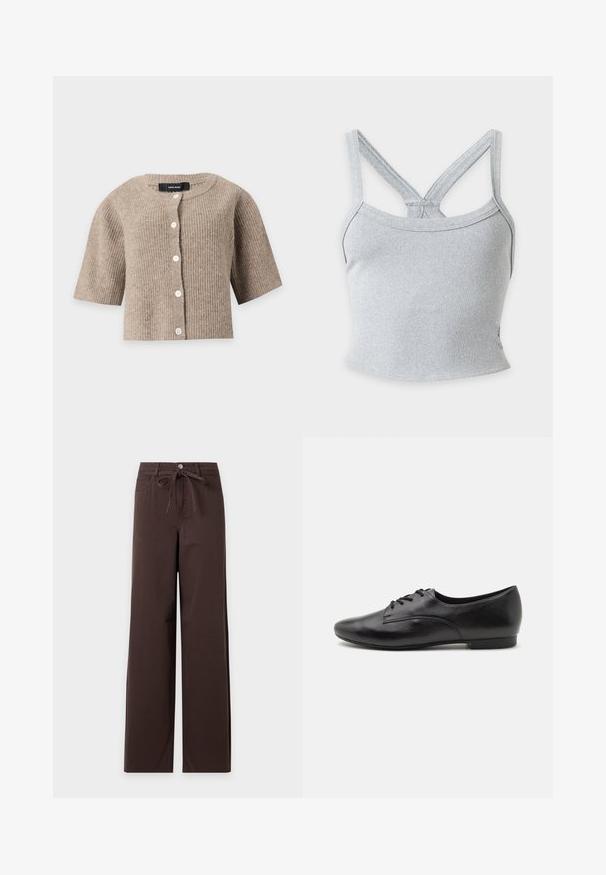 Beige ribstrikket kortærmet cardigan med rund halsudskæring og hvide knapper foran fra Vero Moda.; Lys grå ribstrikket kort top med tynde dobbelte stropper, der danner en V-form på ryggen.; Mørkebrune bukser med vide ben, forreste knaplukning, lynlås, bæltestropper, forlommer og et bundet stofbælte i taljen.; Sorte lædersko med snørebånd, glat overflade, rund tå, lav hæl og enkelt design. Sidebillede der fremhæver den slanke form og syninger.