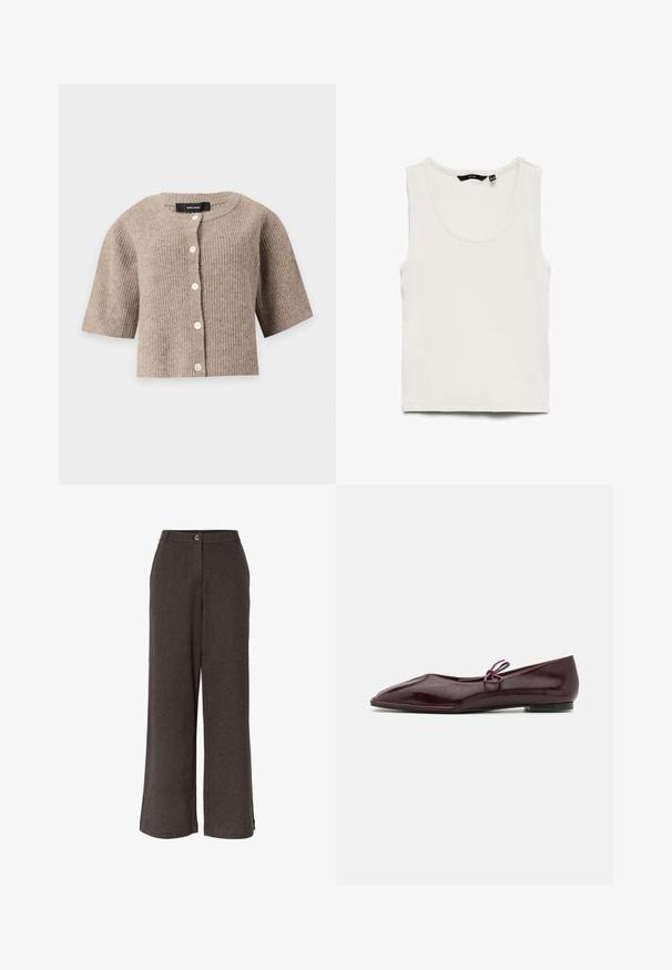 Beige ribstrikket kortærmet cardigan med rund halsudskæring og hvide knapper foran fra Vero Moda.; Hvid ribbet tanktop med rund halsudskæring og ærmeløs design, lagt fladt på en hvid baggrund.; Mørkegrå højttaljede bukser med vide ben og lukning foran med knap og lynlås, lavet af struktureret stof.; Ballethæle i bordeaux laklæder med spids tå og en dekorativ lilla sløjfe på forfoden; flad såldesign.