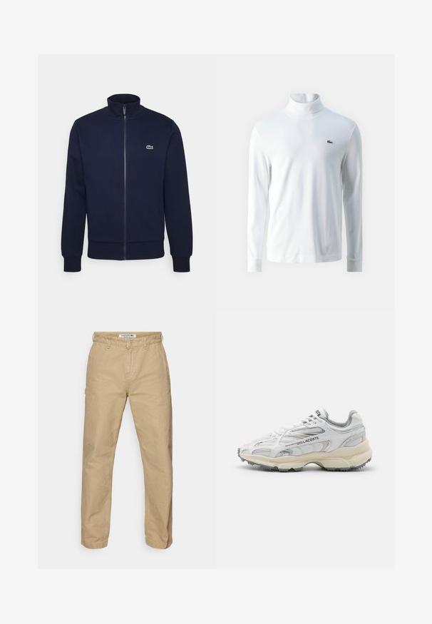 Tume sinine tõmblukuga sviiter, mis on valmistatud pehmest kangast, millel on kõrge krae, soonikvarrukad ja rinnal väike roheline logo.; Valge pika varrukaga kõrge kaelusega särk, mis on valmistatud pehmest kangast, millel on rindkeres väike roheline broderi logo ja sobivad mansetid.; Beežid, kerged puuvillased püksid sirge sääre kujundusega, millel on nööbilukuga kinnitamine ja kerge tekstuur. Lacoste logo vöökohal.; Valged spordijalatsid hallide aktsentidega, suvijõud, nailon ja sünteetiline ülemine osa, nöörimise disain ning tekstuuriga kummist tald, millel on haardemustrid.
