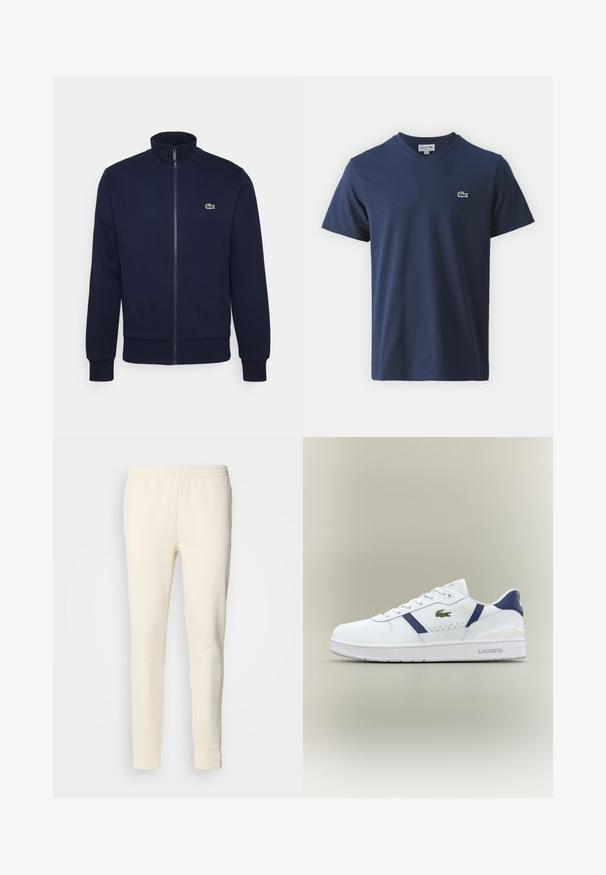 Sweatshirt bleu marine zippé en tissu doux, avec un col haut, des poignets côtelés et un petit logo vert sur la poitrine.; Petit logo crocodile vert brodé avec bordure blanche et œil rouge sur fond de tissu bleu foncé.; Pantalons de survêtement couleur crème en tissu doux, avec une taille élastique, des jambes fuselées et des chevilles resserrées. Design simple sans motifs.; Baskets Lacoste blanches avec des accents bleu marine, logo crocodile vert, design à lacets et semelle estampillée sur fond neutre.