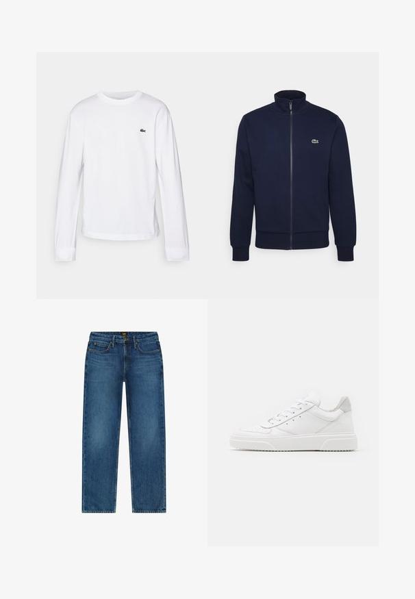 Marineblå lynlås sweatshirt lavet af blødt stof, med høj krave, ribbede manchetter og et lille grønt logo på brystet.; Hvid langærmet T-shirt lavet af bomuld. Har en ribbet rund halsudskæring og et lille grønt broderet logo på brystet. Simpelt design.; Blå denimjeans med en lige pasform, fem lommer og en messingknaplukning. Stoffet har en let falmet tekstur.; Hvide lædersneakers med en glat finish, rund tå, flade snørebånd og en struktureret sål. Grå ruskindsdetalje ved hælen.
