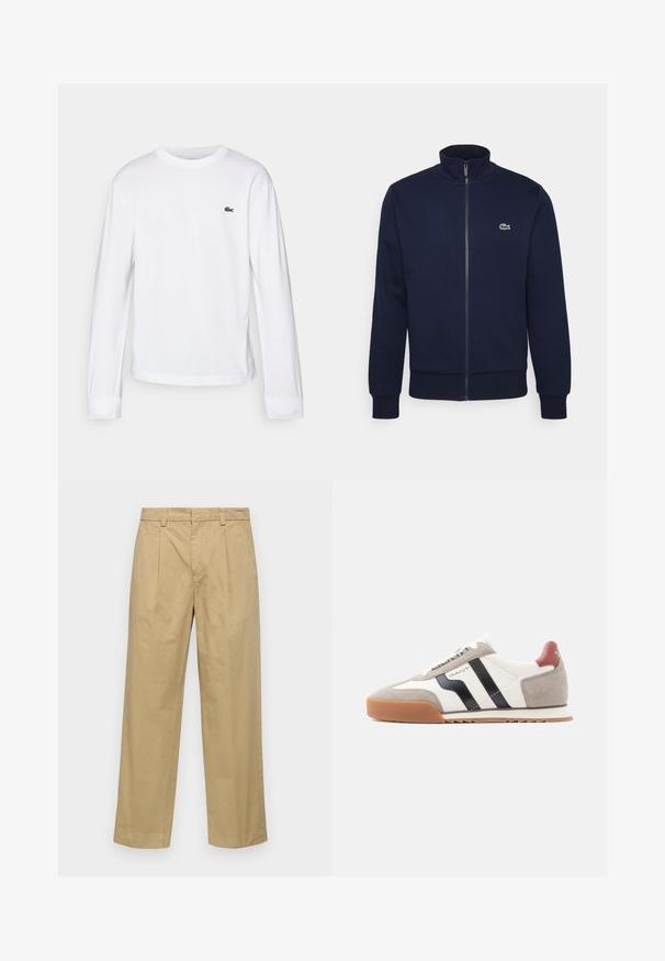 Sweatshirt bleu marine zippé en tissu doux, avec un col haut, des poignets côtelés et un petit logo vert sur la poitrine.; T-shirt blanc à manches longues en coton. Doté d'un col rond côtelé et d'un petit logo vert brodé sur la poitrine. Design simple.; Pantalons en coton beige avec une coupe droite, dotés de plis avant et de poches latérales. Le tissu a une texture lisse et douce.; Baskets avec dessus en daim et cuir en gris, blanc et noir. Elles présentent une semelle en caoutchouc gomme et des accents contrastants au talon et sur les bandes.