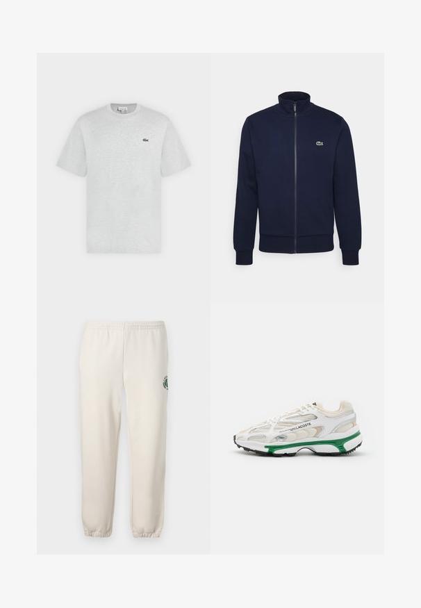 Marineblå lynlås sweatshirt lavet af blødt stof, med høj krave, ribbede manchetter og et lille grønt logo på brystet.; Lysegrå t-shirt med korte ærmer og rund hals med lille grønt Lacoste krokodillelogo på venstre bryst.; Lys beige sweatpants lavet af bomuld, med elastisk talje, ribbede mansjetter og et grønt logo med bladdesign på venstre ben.; Hvide sneakers med grønne accenter og sort gummisål. Har mesh- og syntetiske paneler med en struktureret overflade og synlige sømme.