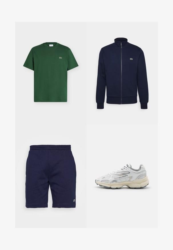 Marineblå lynlås sweatshirt lavet af blødt stof, med høj krave, ribbede manchetter og et lille grønt logo på brystet.; Mørkegrøn kortærmet bomulds t-shirt med rund hals og lille Lacoste krokodillelogo på venstre bryst.; Marineblå bomuldsshorts med elastisk talje, der har et lille grønt logo på den nederste venstre ben og en glat tekstur.; Hvide sportssko med grå detaljer, overdel i mesh og syntetiske materialer, snørebåndsdesign og tekstureret gummisål med grebemønstre.