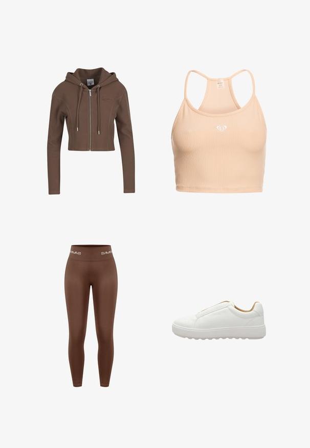 Sweat à capuche court marron zippé, manches longues, tissu texturé, cordons et logo discret sur la poitrine.; Haut court côtelé pêche avec un design dos nageur. Il présente un petit logo en forme de cœur blanc sur la poitrine et un tissu élastique lisse.; Leggings marron taille haute avec une texture lisse, dotés d'une ceinture tricotée portant le logo "SMIMS" en blanc, coupe ajustée, longueur totale.; Baskets basses blanches avec dessus en cuir texturé, semelle épaisse et design sans lacets, vues de profil sur fond blanc.