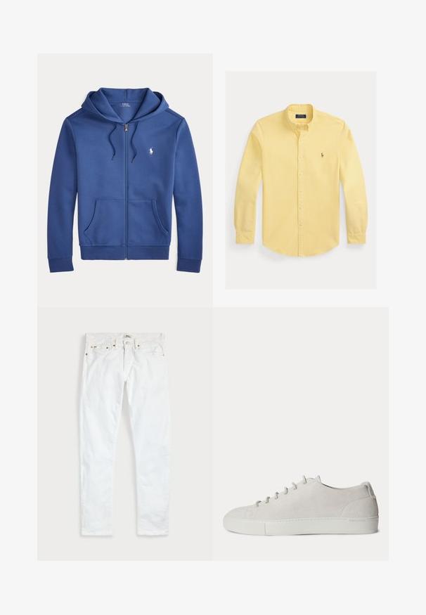 Sudadera azul con cremallera, bolsillos frontales, capucha con cordón y pequeño logo blanco de Polo Ralph Lauren en el pecho.; Camisa amarilla de manga larga con botones, cuello abotonado y pequeño logo bordado en el pecho izquierdo.; Vaqueros blancos de corte ajustado con cinco bolsillos, cierre de botones y trabillas para cinturón, extendidos sobre un fondo liso y claro.; Zapatilla blanca de ante bajo con cordones delanteros y suela de goma, diseño minimalista.