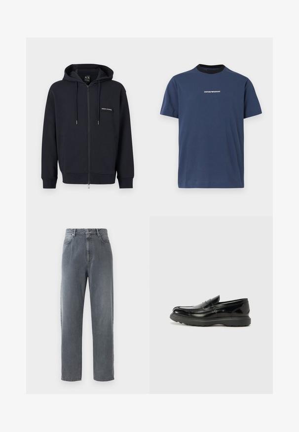 Schwarzer Kapuzenpullover mit Reißverschluss, Kordelzug, Fronttaschen und kleinem "Armani Exchange" Logopatch auf der linken Brust.; Marineblaue Kurzarm-T-Shirt mit schwarzem Rundhalsausschnitt und kleinem weißem Emporio Armani Logo mittig auf der Brust.; Hochtaillierte, gerade geschnittene Jeans aus ausgeblichenem grauem Denim, mit fünf Taschen, einem Knopfverschluss und subtilen Ausbleichungen im Stoff.; Schwarze Lederloafer mit glanzendem Finish, abgerundetem Zehenbereich, subtilen Steppnähten und einer dicken Gummisohle für Langlebigkeit.
