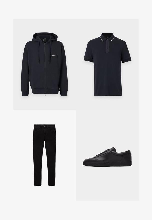 Sudadera negra con cremallera, cordones, bolsillos frontales y un pequeño parche con el logo "Armani Exchange" en el lado izquierdo del pecho.; Polo de manga corta azul marino con ribete blanco en el cuello y tapeta oculta, mostrado sobre un fondo neutro.; Jeans negros de denim, con un diseño ajustado, cinco bolsillos y cierre de botón. Textura suave y detalles de costura mínimos.; Zapatilla baja negra de cuero con cordones en la parte delantera y suela plana de goma, mostrada de perfil sobre un fondo blanco liso.
