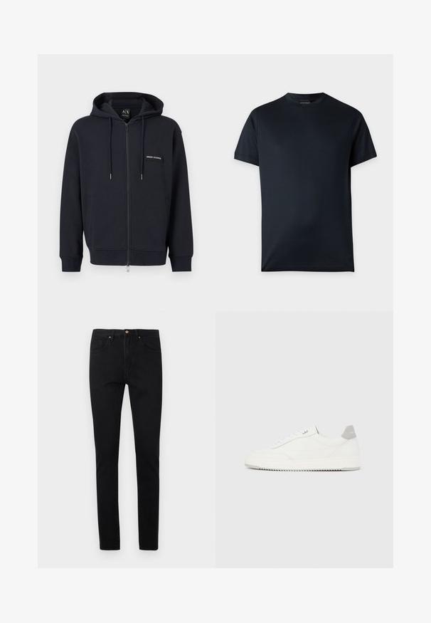 Sweat à capuche zippé noir avec cordons de serrage, poches avant et petite écusson logo "Armani Exchange" sur la poitrine gauche.; T-shirt noir uni à manches courtes et col rond avec un petit logo près de l'ourlet sur un fond gris clair.; Jean noir coupe slim en denim, doté d'un design classique à cinq poches, de ferrures dorées et d'une texture lisse et uniforme.; Baskets basses blanches avec un onglet de talon gris, des lacets blancs et une semelle texturée, présentées sur un fond uni clair.