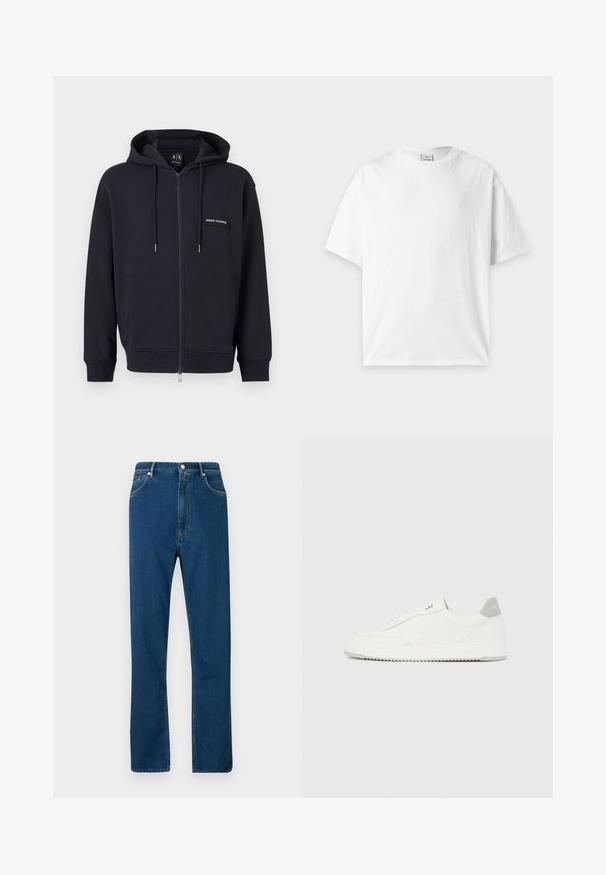 Schwarzer Kapuzenpullover mit Reißverschluss, Kordelzug, Fronttaschen und kleinem "Armani Exchange" Logopatch auf der linken Brust.; Schlichtes weißes T-Shirt mit kurzen Ärmeln und Rundhalsausschnitt, flach auf einem hellgrauen Hintergrund liegend.; Blaue Jeans mit hohem Bund, geradem Schnitt, Fünf-Taschen-Design und kontrastierendem orangefarbenem Nähen. Geschmeidige Textur.; Weißer Sneaker mit niedrigem Schaft, grauem Fersenlaschen, weißen Schnürsenkeln und einer strukturierten Sohle, dargestellt vor einem schlichten hellen Hintergrund.