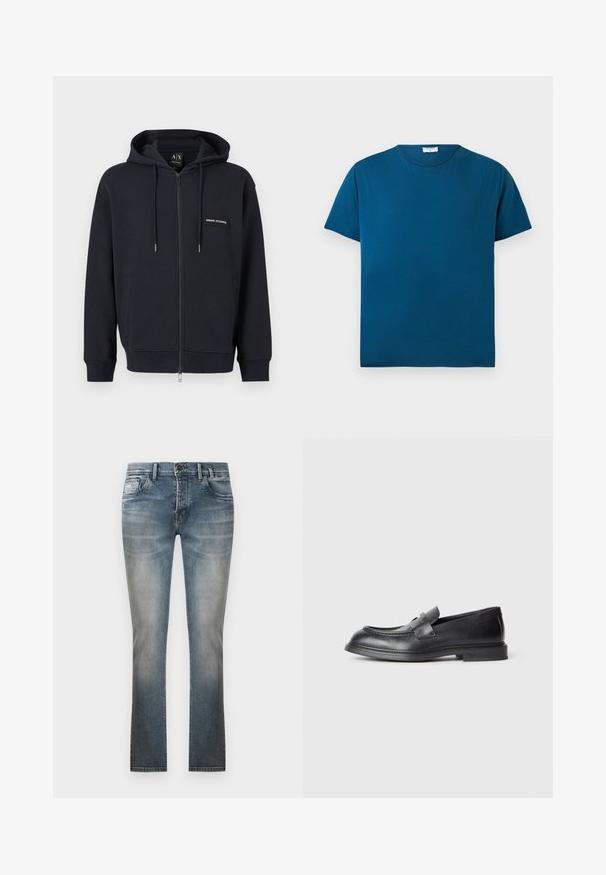 Sweat à capuche zippé noir avec cordons de serrage, poches avant et petite écusson logo "Armani Exchange" sur la poitrine gauche.; T-shirt bleu à manches courtes et col rond, design uni, posé à plat sur un fond blanc.; Jean droit bleu délavé avec poches avant, passants pour ceinture et fermeture par bouton, présenté sur un fond blanc uni.; Mocassins en cuir noir avec une finition texturée, dotés d'une bride décorative à l'avant et d'un bout arrondi. Semelle en caoutchouc pour plus de durabilité.