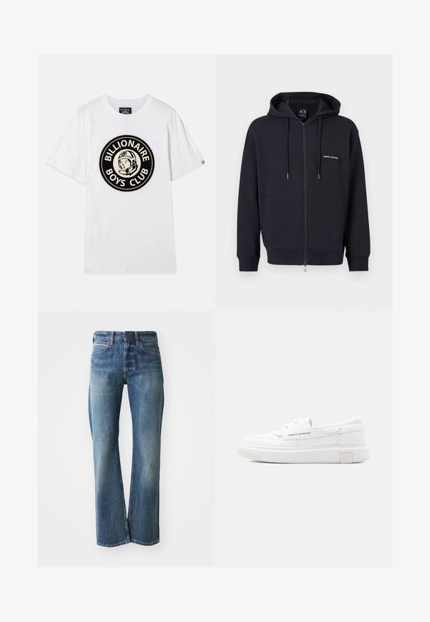 Sort hættejakke med lynlås, snoretræk, frontlommer og lille "Armani Exchange" logo-patch på venstre bryst.; Hvid bomulds t-shirt med et sort og guld cirkulært grafisk motiv af en astronaut sammen med teksten "BILLIONAIRE BOYS CLUB". Korte ærmer, rund hals.; Denim jeans med en lys til mellemblå farve, lige ben skæring, klassisk fem-lommer design og subtil falmning foran.; Hvid Armani Exchange lavtop sneaker med tyk sål, snørebånd foran og mærke detaljer på siden og hælen på neutral baggrund.
