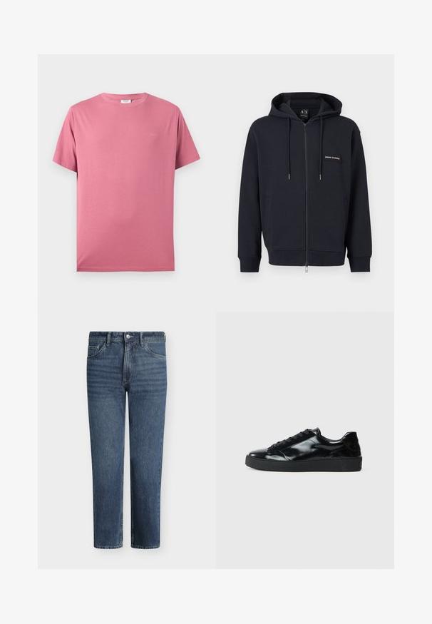 Sweat à capuche zippé noir avec cordons de serrage, poches avant et petite écusson logo "Armani Exchange" sur la poitrine gauche.; T-shirt rose uni en coton à manches courtes avec col rond et logo discret sur la poitrine gauche, présenté sur un fond blanc.; Jean en denim bleu à jambe droite avec bouton frontal, fermeture éclair, passants de ceinture et conception à cinq poches.; Baskets en cuir verni noir avec un bout arrondi, un laçage, une semelle en caoutchouc texturé et une finition lisse.