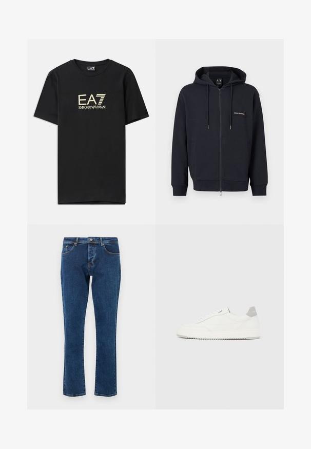 Čierna mikina s kapucňou na zips, s nastaviteľnými šnúrkami, prednými vreckami a malou nášivkou s logom "Armani Exchange" na ľavej strane hrude.; Čierne bavlnené tričko s pozláteným logom EA7 Emporio Armani na hrudi. Krátke rukávy a okrúhly výstrih.; Tmavomodré riflové nohavice so strihom s rovným strihom, piatimi vreckami a kovovým gombíkom v páse. Hladká textúra s minimálnym blednutím.; Biela nízka teniska so sivým pätovým pásikom, bielymi šnúrkami a členitou podrážkou, zobrazená na jednoduchom svetlom pozadí.